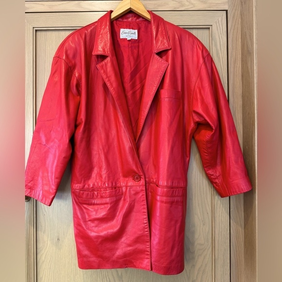 Vintage Evan Arpelli Red Leather Mid Length Jacket with Shoulder Pads/ 80's / sm - Picture 1 of 14